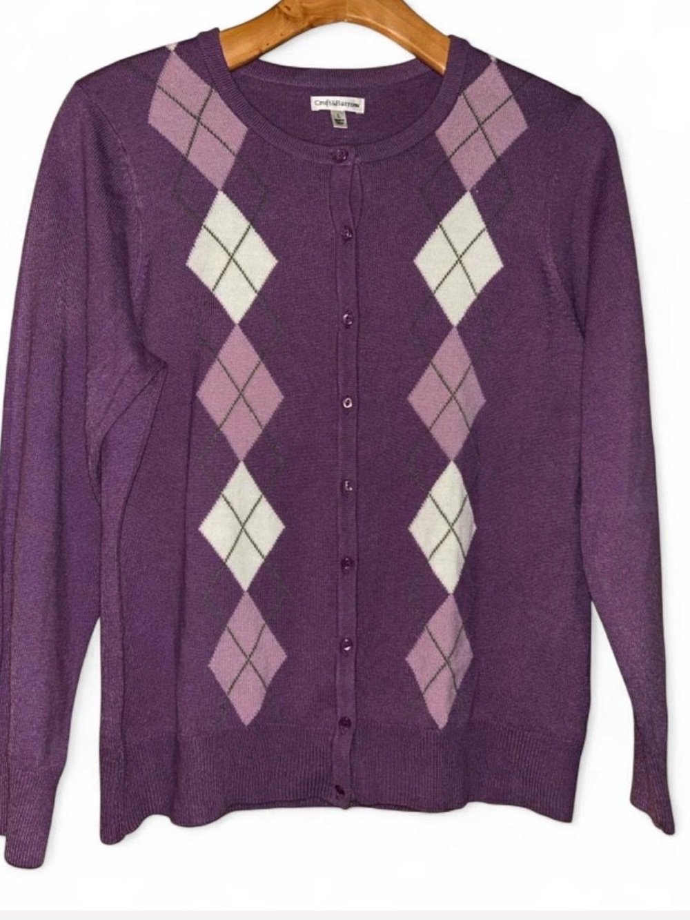 croft & barrow Purple Argyle Button-Up Cardigan with Pink and White Diamonds